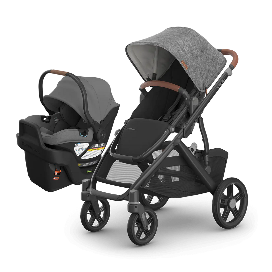 UPPAbaby Vista V3 Greyson with Aria V2 Greyson — matching charcoal stroller and infant car seat travel system
