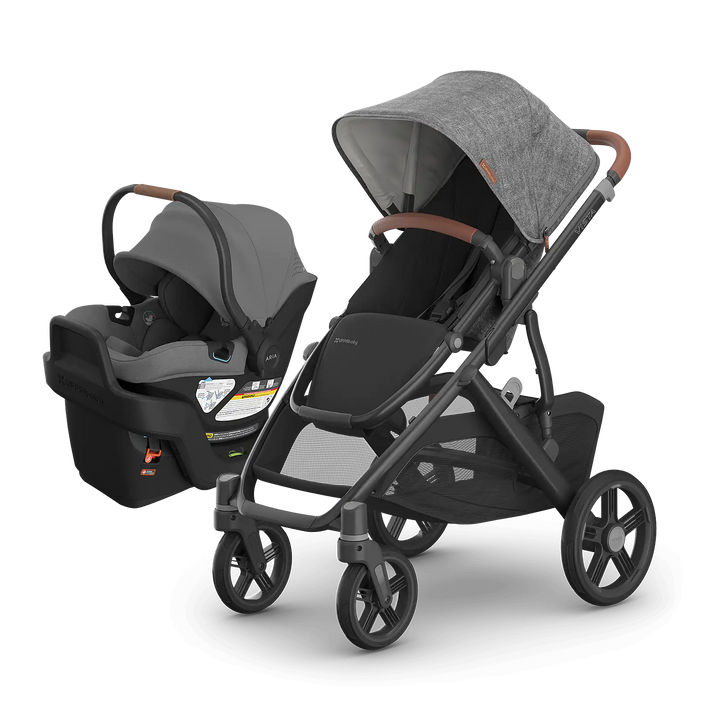 UPPAbaby Vista V3 Greyson with Aria V2 Greyson — matching charcoal stroller and infant car seat travel system