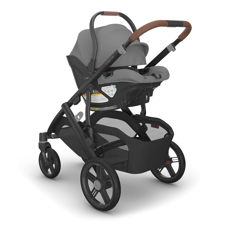 UPPAbaby Vista V3 Greyson with Aria V2 Greyson angle — full-size stroller and lightweight car seat bundle