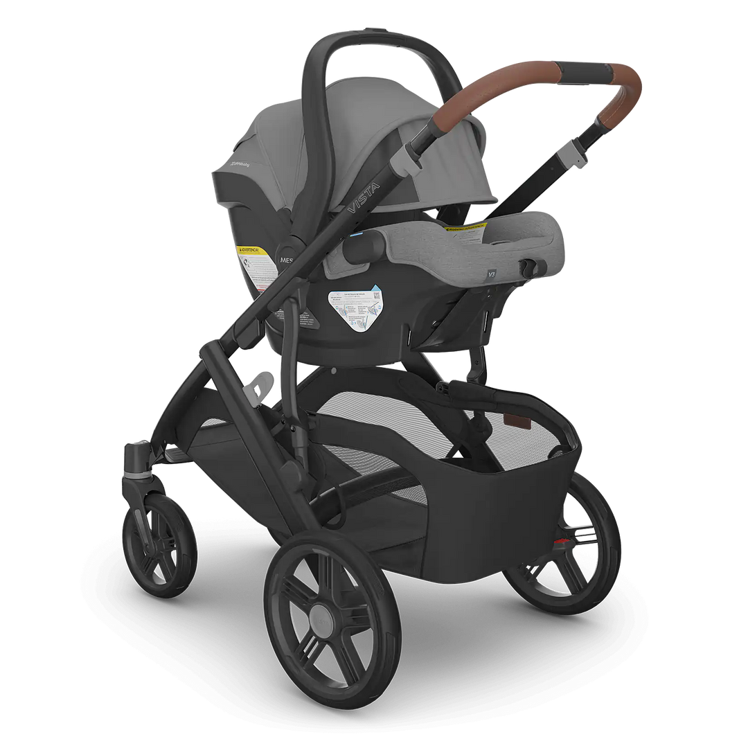 greyson charcoal grey uppababy mesa v3 carseat on vista v3 stroller frame