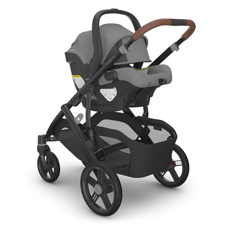 greyson charcoal grey uppababy mesa v3 carseat on vista v3 stroller frame
