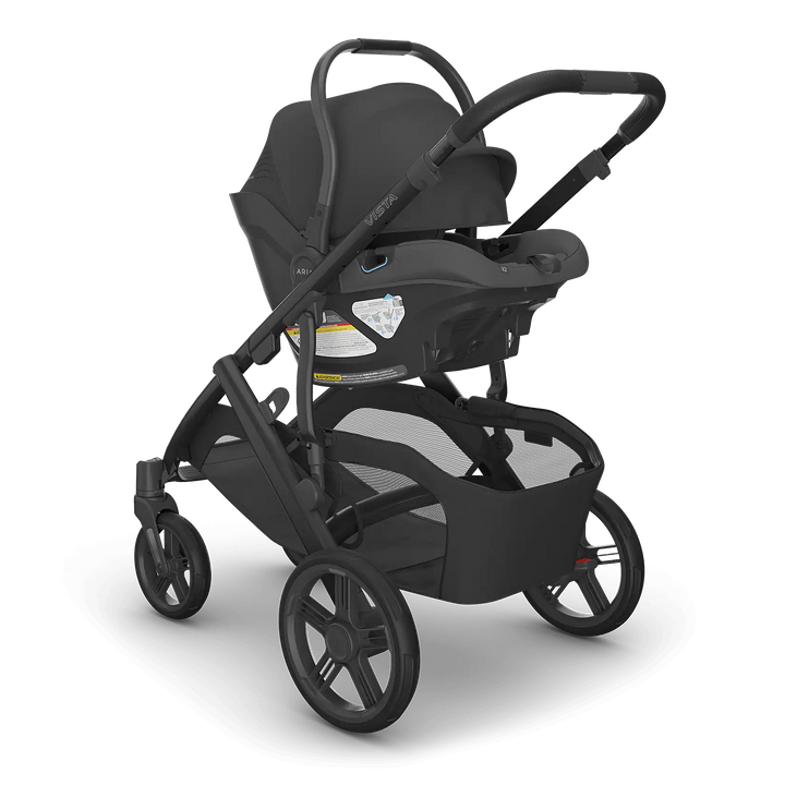 UPPAbaby Vista V3 Jake with Aria V2 Jake angle — best stroller car seat combo for growing families