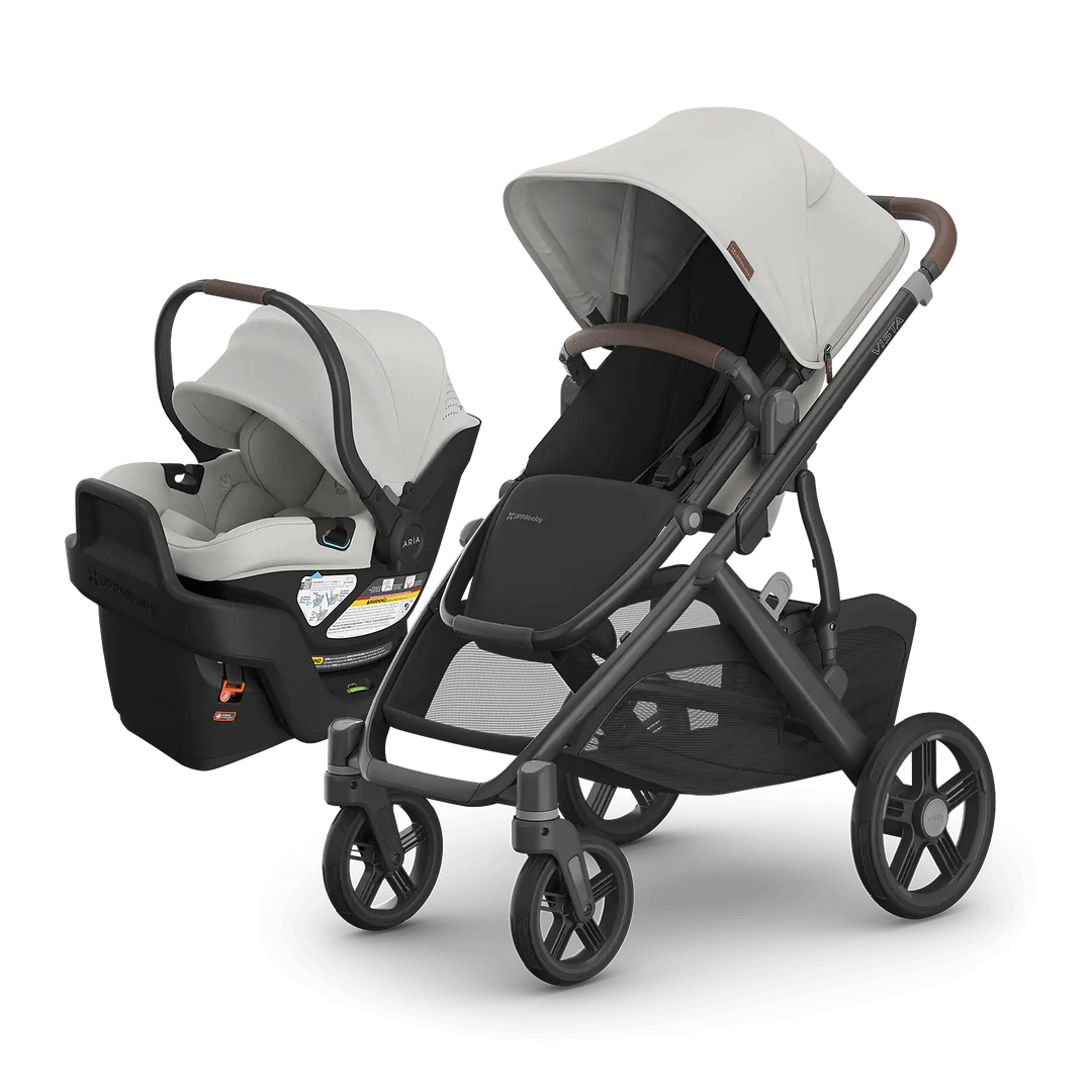 UPPAbaby Vista V3 Savannah with Aria V2 Savannah — matching pearl gray stroller and infant car seat bundle