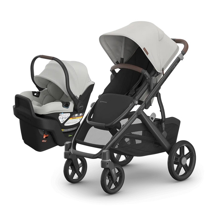 UPPAbaby Vista V3 Savannah with Aria V2 Savannah — matching pearl gray stroller and infant car seat bundle