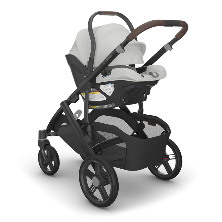 UPPAbaby Vista V3 Savannah with Aria V2 Savannah angle — neutral tone stroller and car seat travel system
