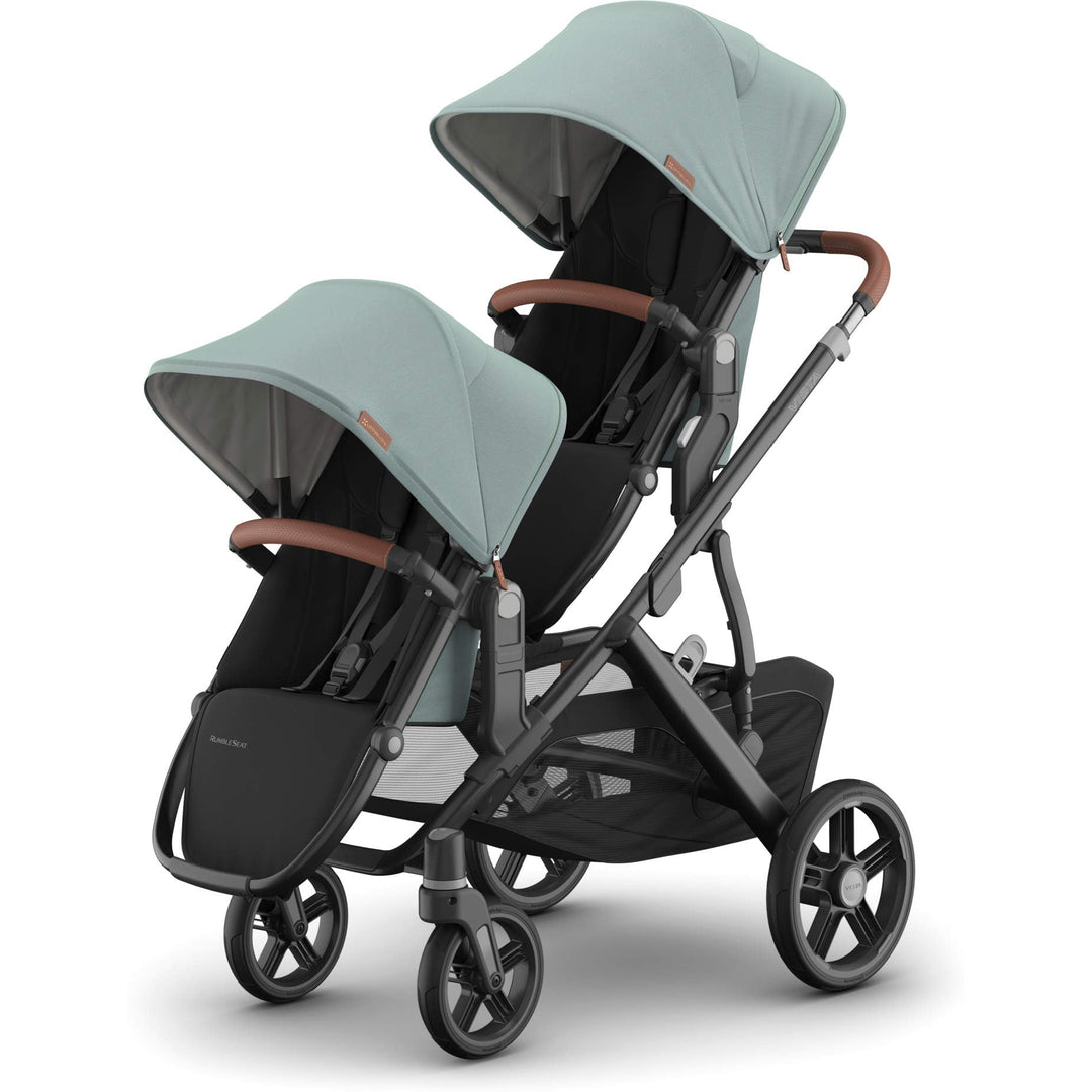 Double configuration Kenzie UPPAbaby Rumbleseat V3, safest stroller for toddler and infant