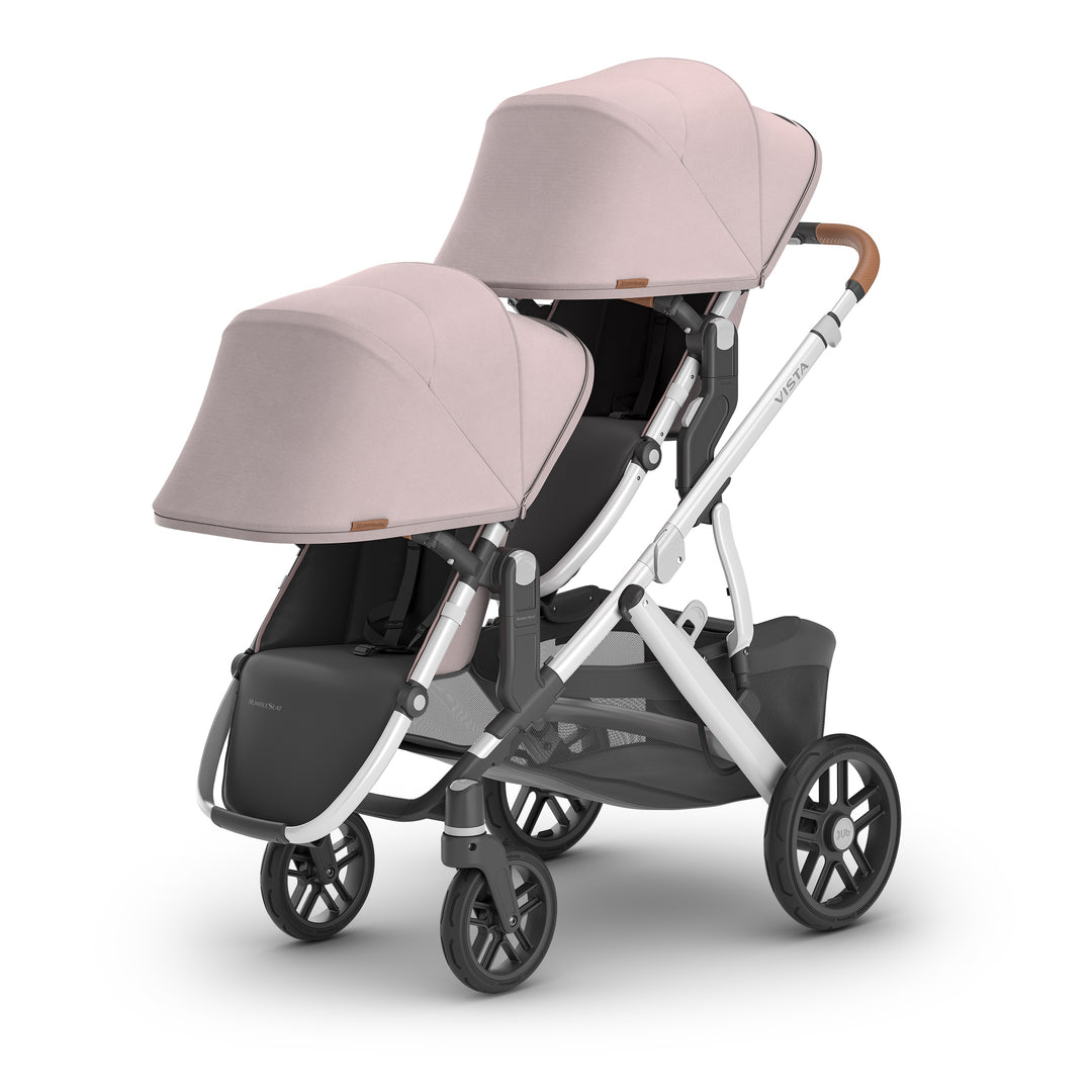 UPPAbaby Vista V2 doble stroller in Alice with uppababy rumble seats in pink 