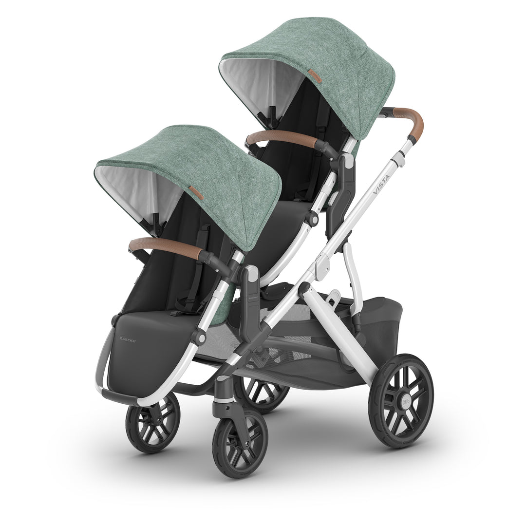 UPPAbaby Vista V2 stroller for twins with rumble seats in Emmet green