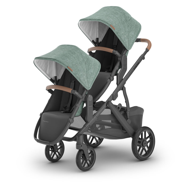 UPPAbaby Vista V2 double stroller in Gwen green with rumble seats