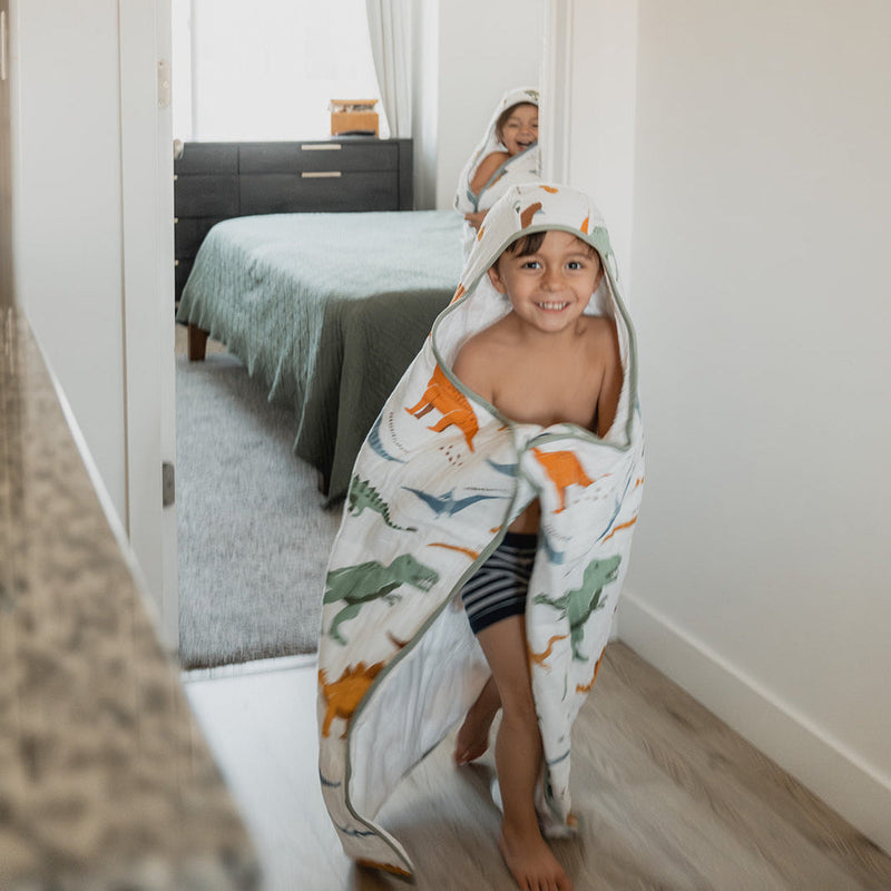 Plush Dino Names Toddler Hooded Towel from Little Unicorn, gentle baby bath towel