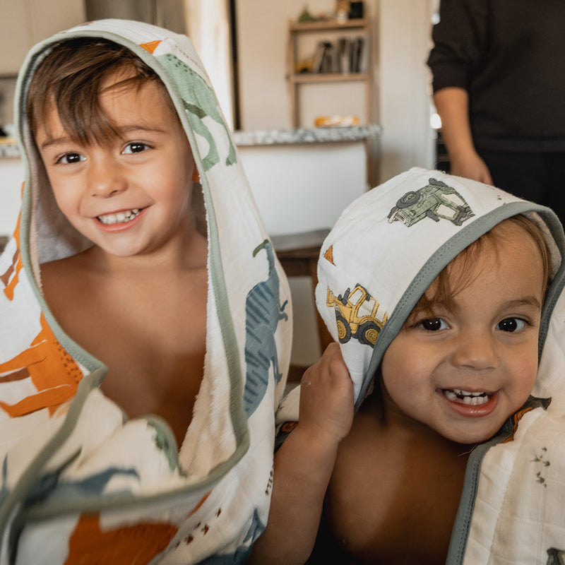 Fun Dino Names baby towel with hood by Little Unicorn, soft and absorbent for bath