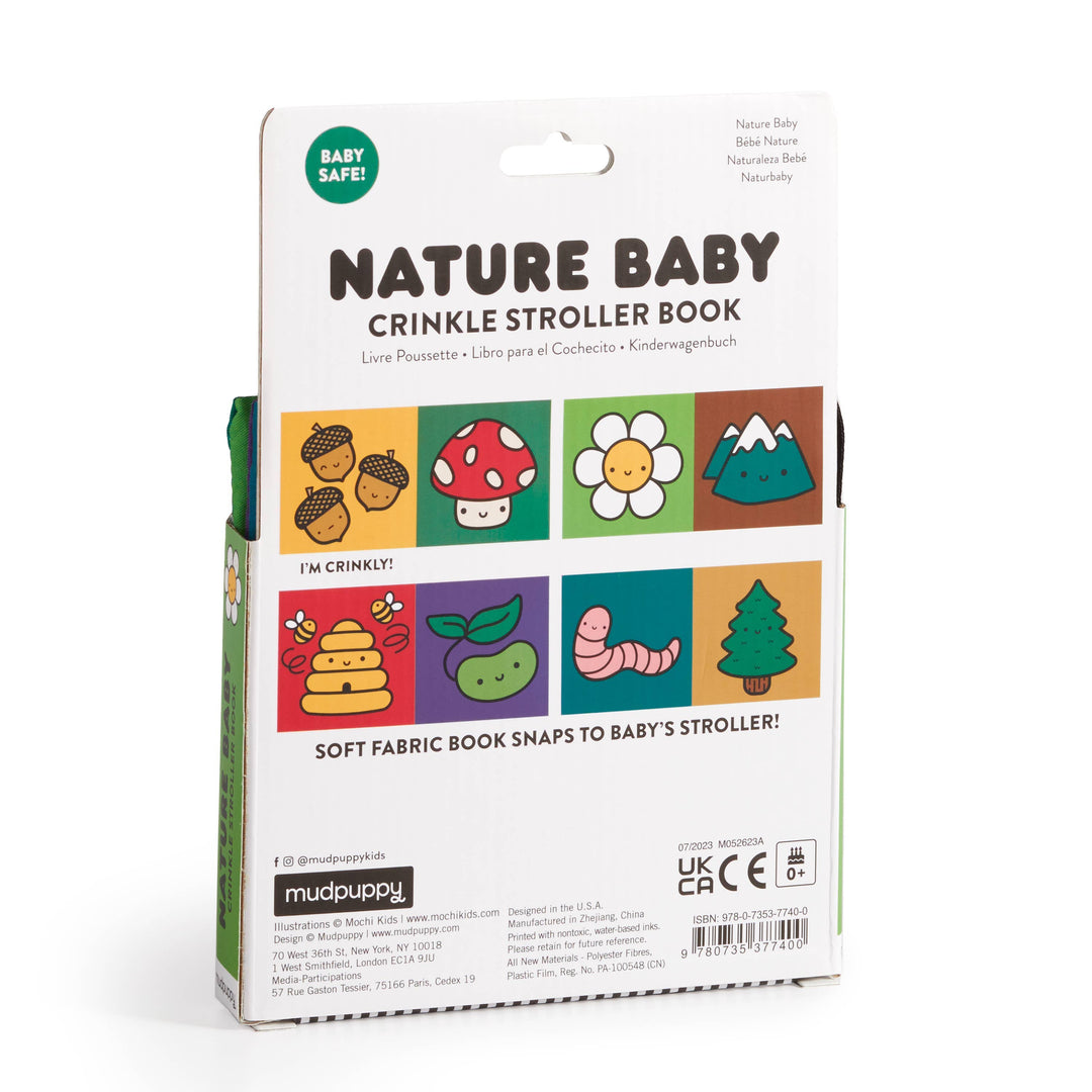 Back of Mudpuppy Nature Baby Crinkle Stroller Book showing nature-themed page icons