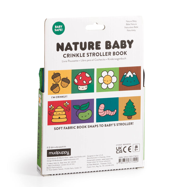 Back of Mudpuppy Nature Baby Crinkle Stroller Book showing nature-themed page icons