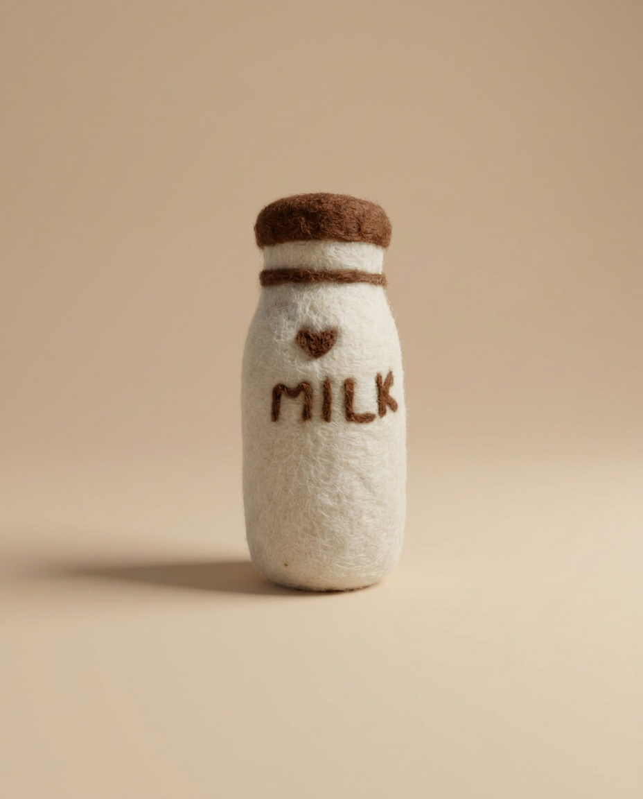 Felt Milk Bottle play food by Kaddu, handmade wool grocery toy for pretend kitchens