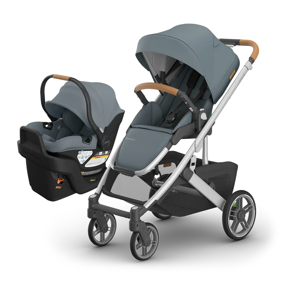 UPPAbaby Cruz V3 Callum with Aria V2 Callum — matching stone blue compact stroller and infant car seat