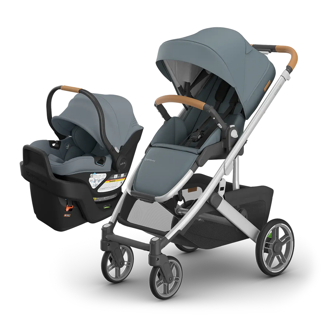 UPPAbaby Cruz V3 Callum with Aria V2 Callum — matching stone blue compact stroller and infant car seat