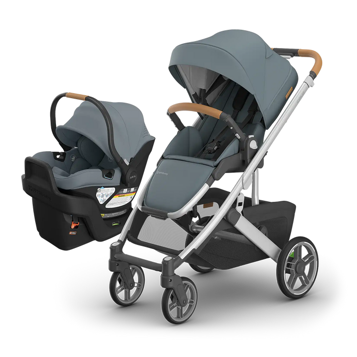 UPPAbaby Cruz V3 Callum with Aria V2 Callum — matching stone blue compact stroller and infant car seat