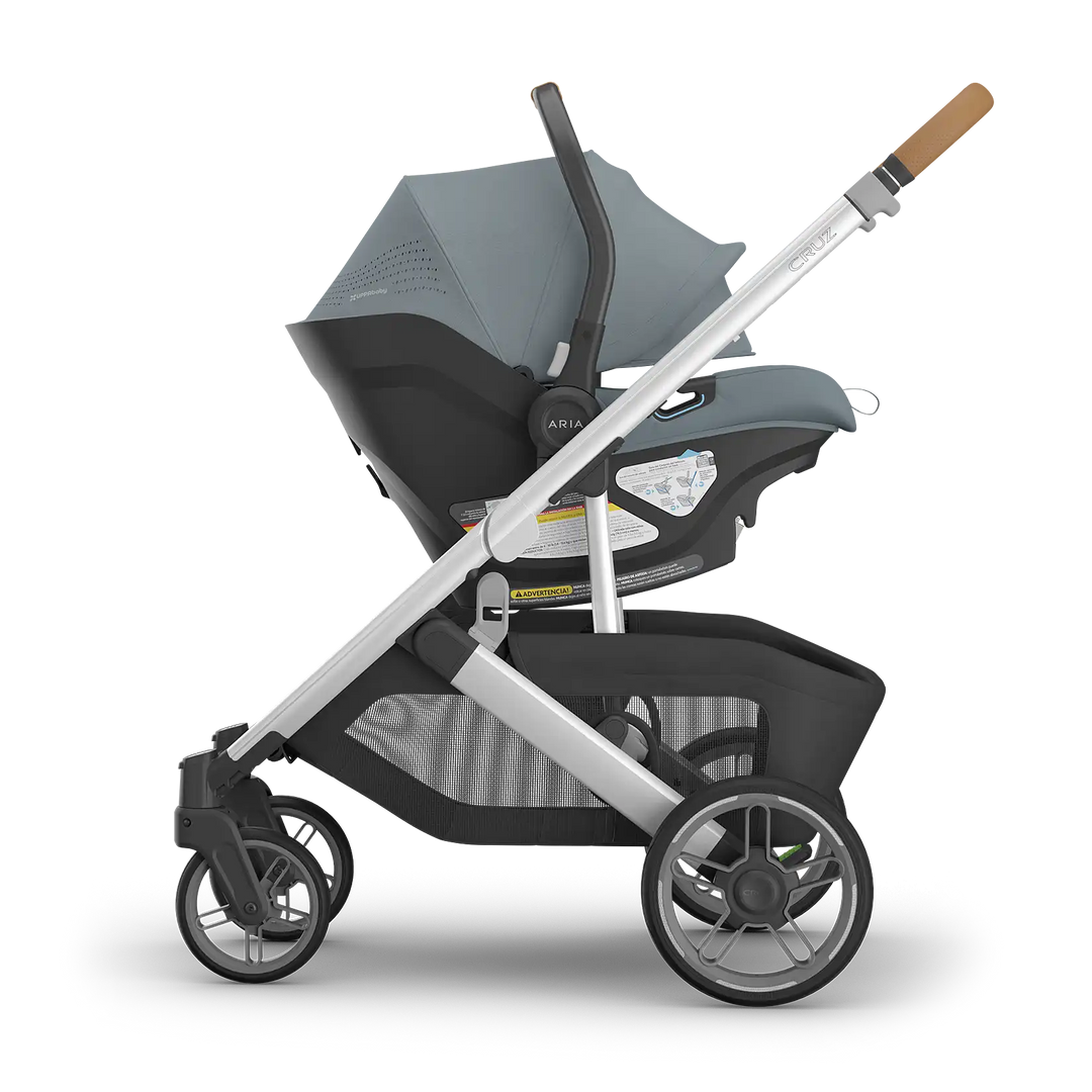 UPPAbaby Cruz V3 Callum with Aria V2 Callum side — best stone blue lightweight stroller travel system