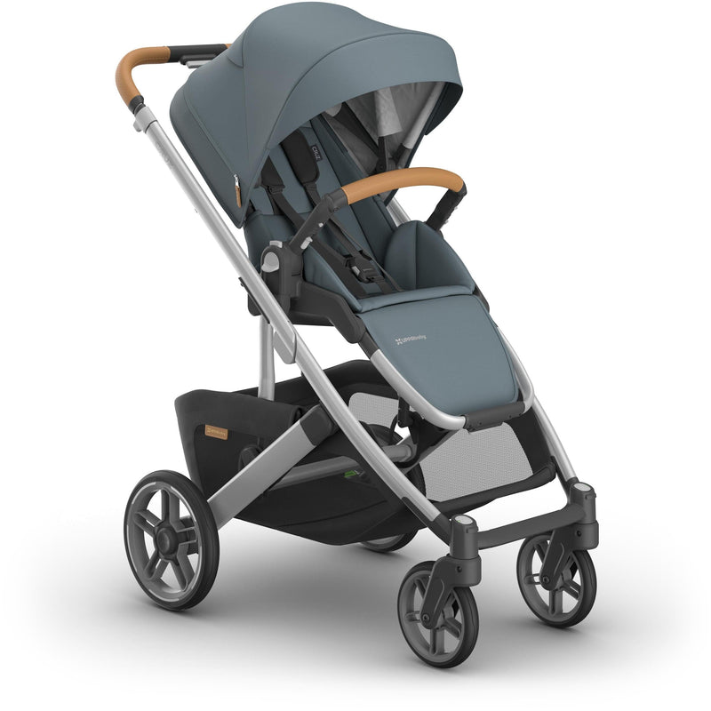 Right side angle of Uppababy Cruz V3 Stroller in Callum, showcasing lightweight stroller frame and durable wheels