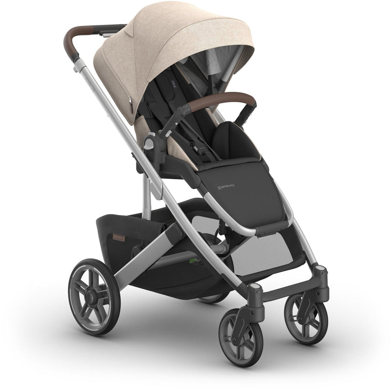 Right angle look at Uppababy Cruz V3 Stroller Declan, emphasizing lightweight stroller frame and smooth performance