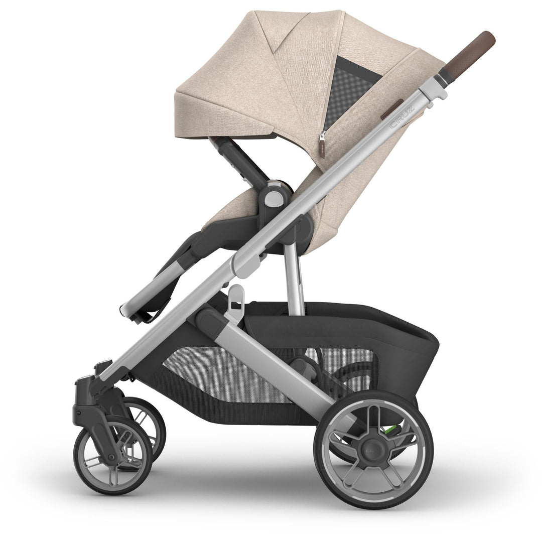 Left side with extended canopy on Uppababy Cruz V3 Stroller Declan, offering UPF 50 shade and smooth handling