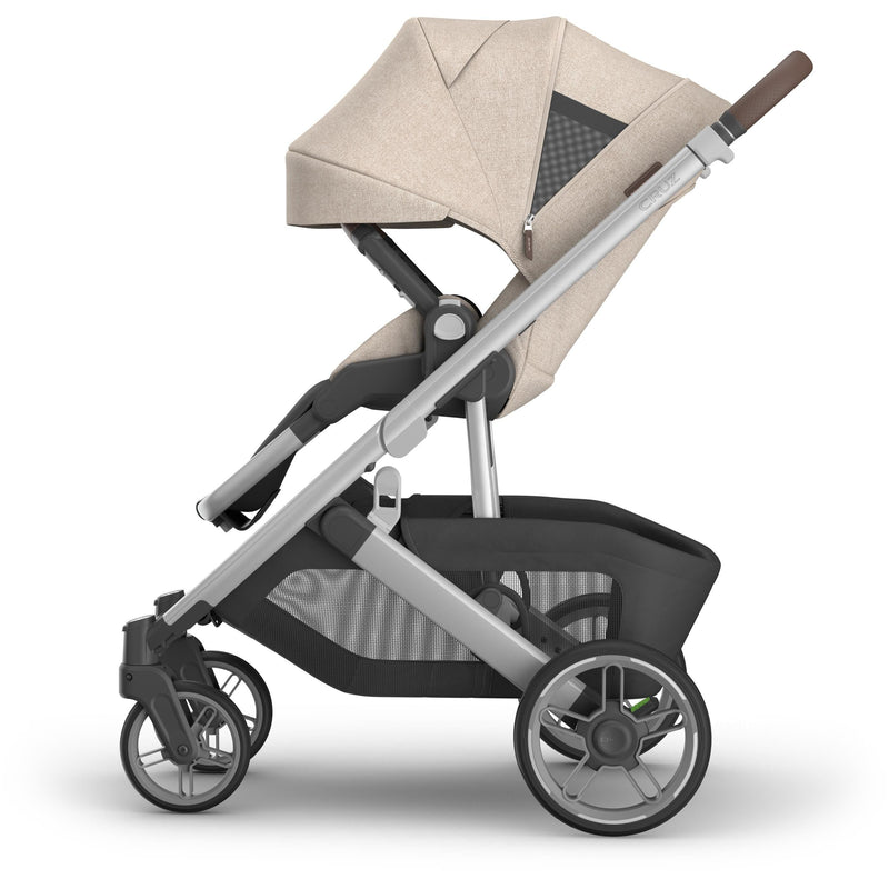 Left side with extended canopy on Uppababy Cruz V3 Stroller Declan, offering UPF 50 shade and smooth handling
