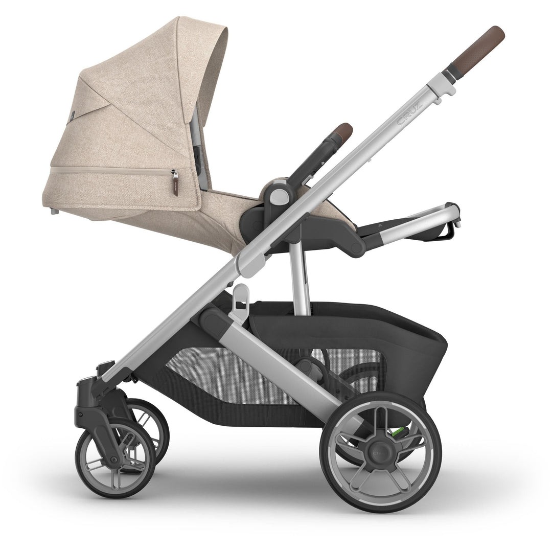 Side reclined position of Uppababy Cruz V3 Stroller Declan, ideal stroller for newborn comfort through toddler stages