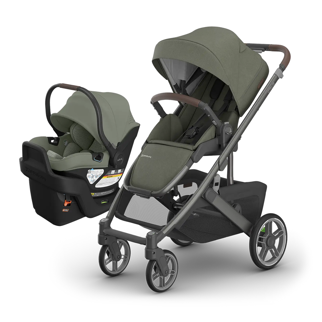 UPPAbaby Cruz V3 Evelyn with Aria V2 Evelyn — matching meadow green compact stroller travel system