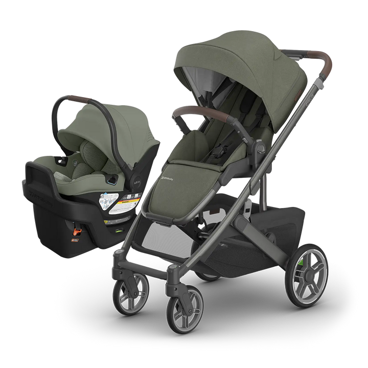 UPPAbaby Cruz V3 Evelyn with Aria V2 Evelyn — matching meadow green compact stroller travel system