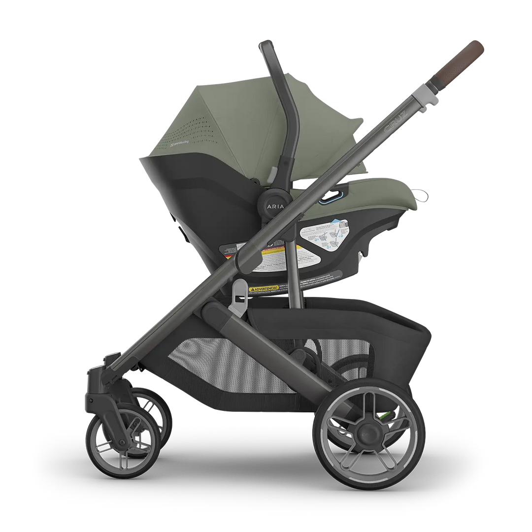 UPPAbaby Cruz V3 Evelyn with Aria V2 Evelyn side — best green compact stroller and infant car seat bundle