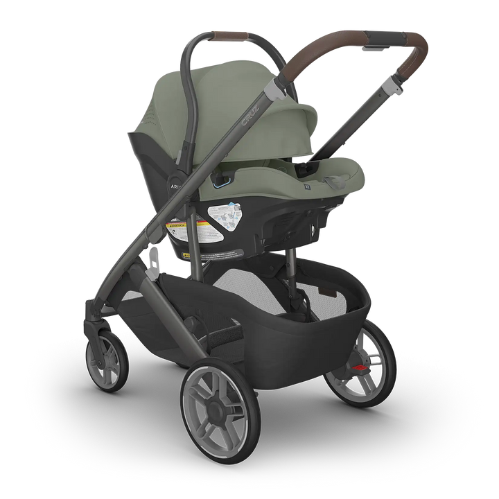 UPPAbaby Cruz V3 Evelyn with Aria V2 Evelyn angle — meadow green compact stroller travel system