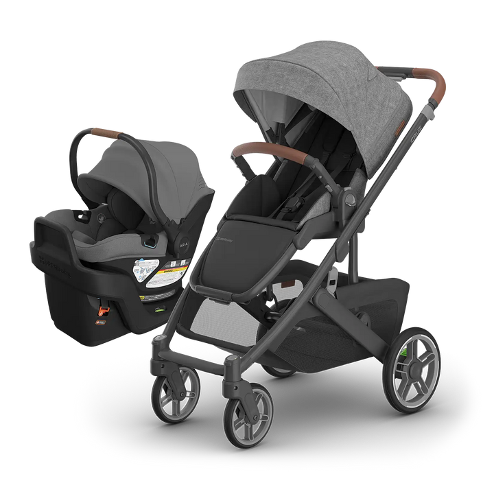 UPPAbaby Cruz V3 Greyson with Aria V2 Greyson — matching charcoal compact stroller and infant car seat