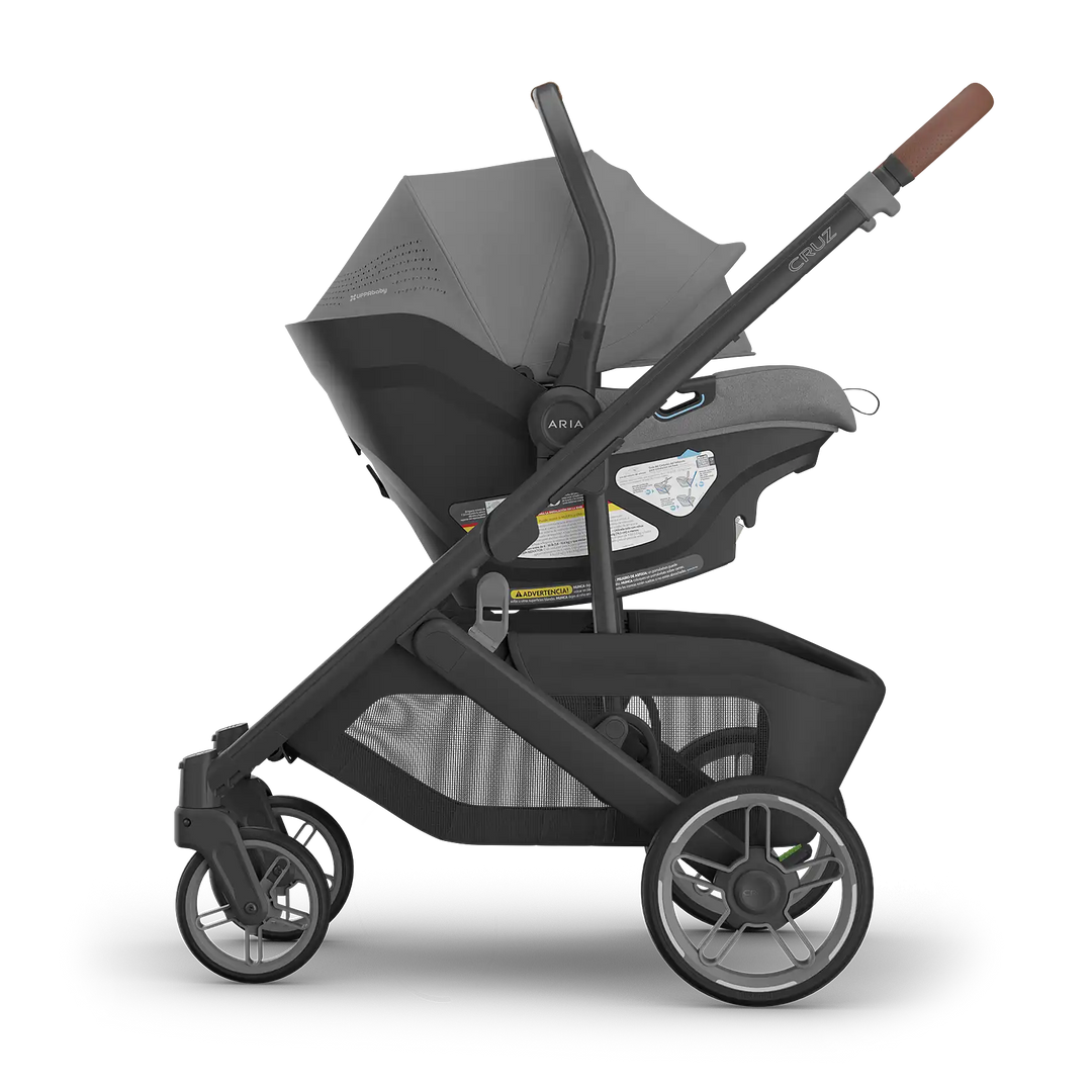 UPPAbaby Cruz V3 Greyson with Aria V2 Greyson side — best charcoal compact stroller and car seat bundle