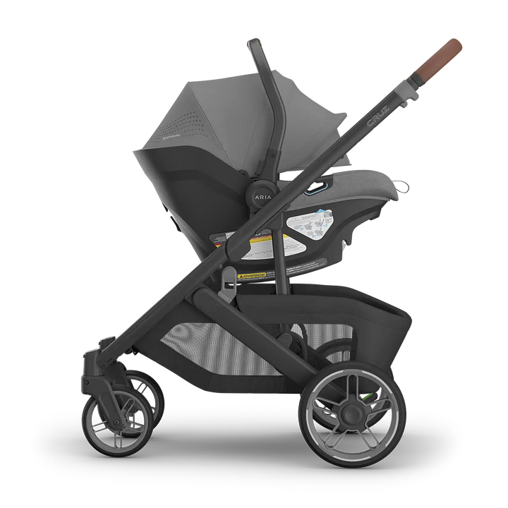 UPPAbaby Cruz V3 Greyson with Aria V2 Greyson side — best charcoal compact stroller and car seat bundle