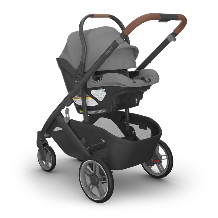 UPPAbaby Cruz V3 Greyson with Aria V2 Greyson angle — charcoal compact stroller travel system