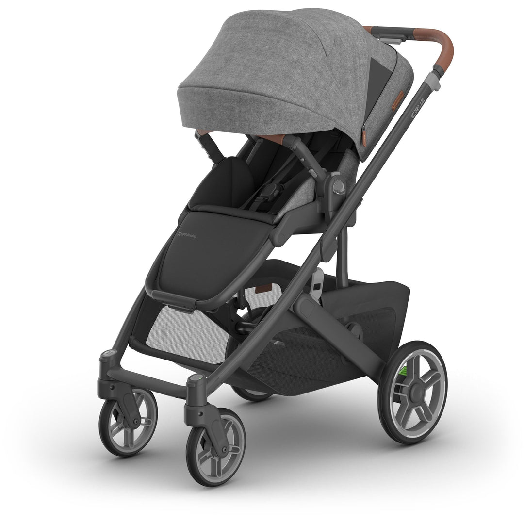 Canopy extended on uppababy Cruz V3 Stroller Greyson with UPF 50 sunshade, ideal travel system stroller for everyday comfort
