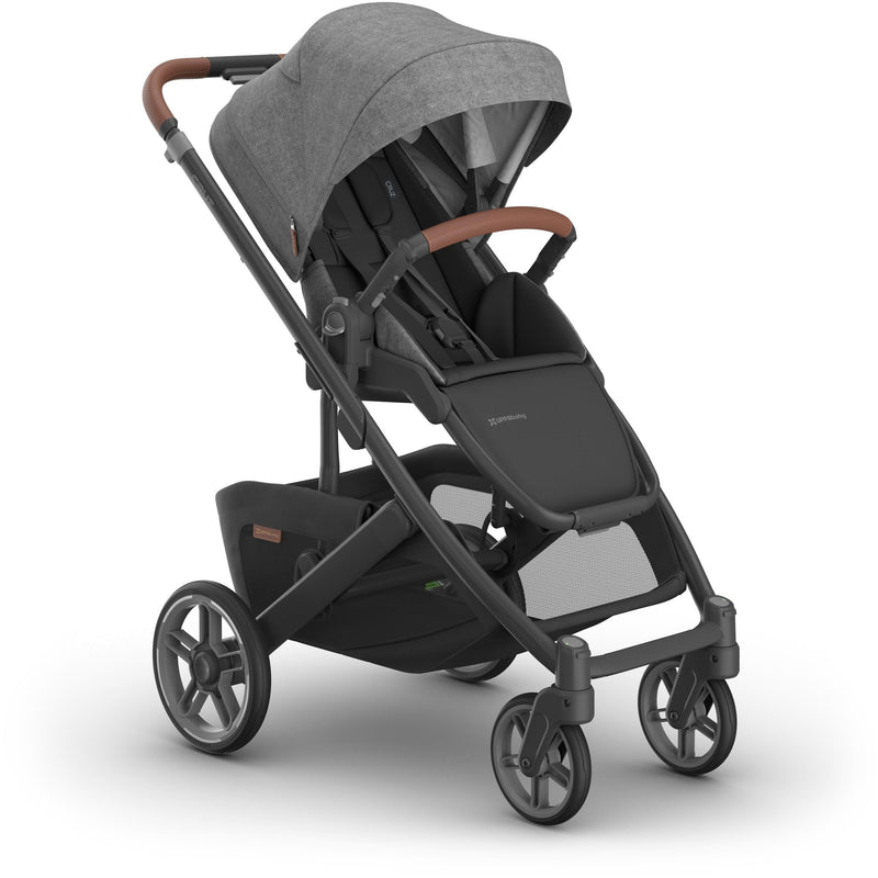 Right side view of Uppababy Cruz V3 Stroller in Greyson finish, showcasing lightweight stroller design and durable wheels