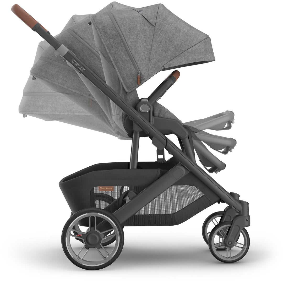 Multi recline feature shown on Uppababy Cruz V3 Stroller Greyson, adaptable stroller for newborn to toddler stages