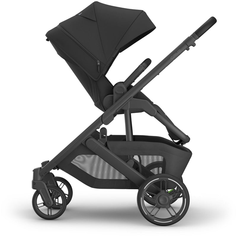 Reversed seat side view of uppa baby  Cruz V3 Stroller Jake, stroller with bassinet seat compatibility for flexibility