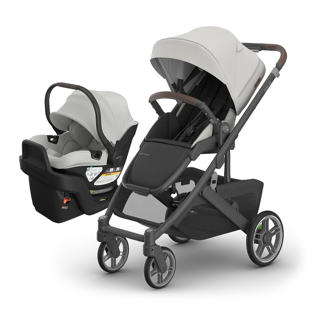 UPPAbaby Cruz V3 Savannah with Aria V2 Savannah — matching pearl gray compact travel system for newborns