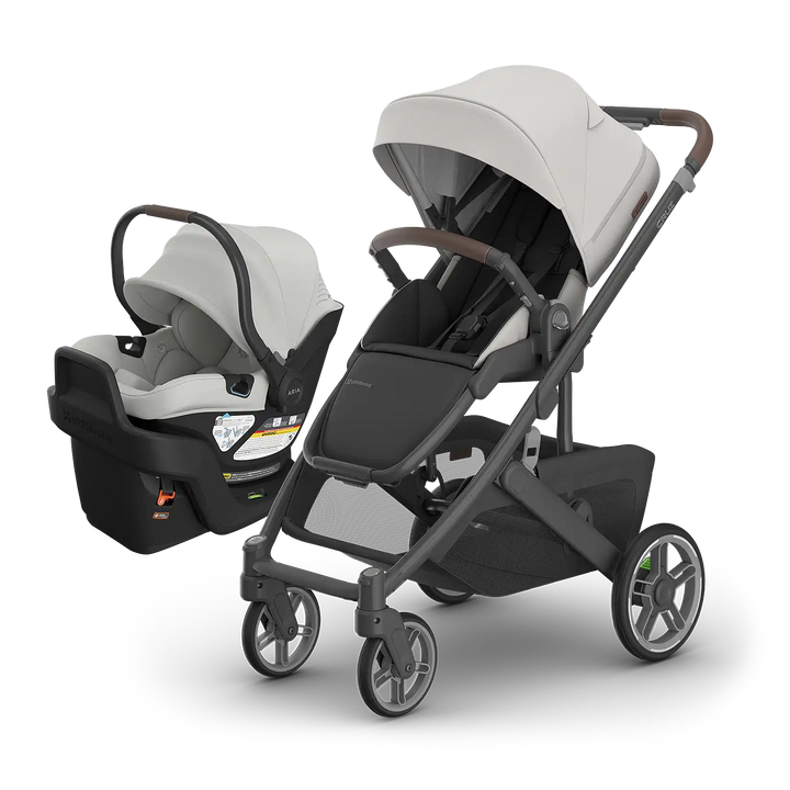 UPPAbaby Cruz V3 Savannah with Aria V2 Savannah — matching pearl gray compact travel system for newborns
