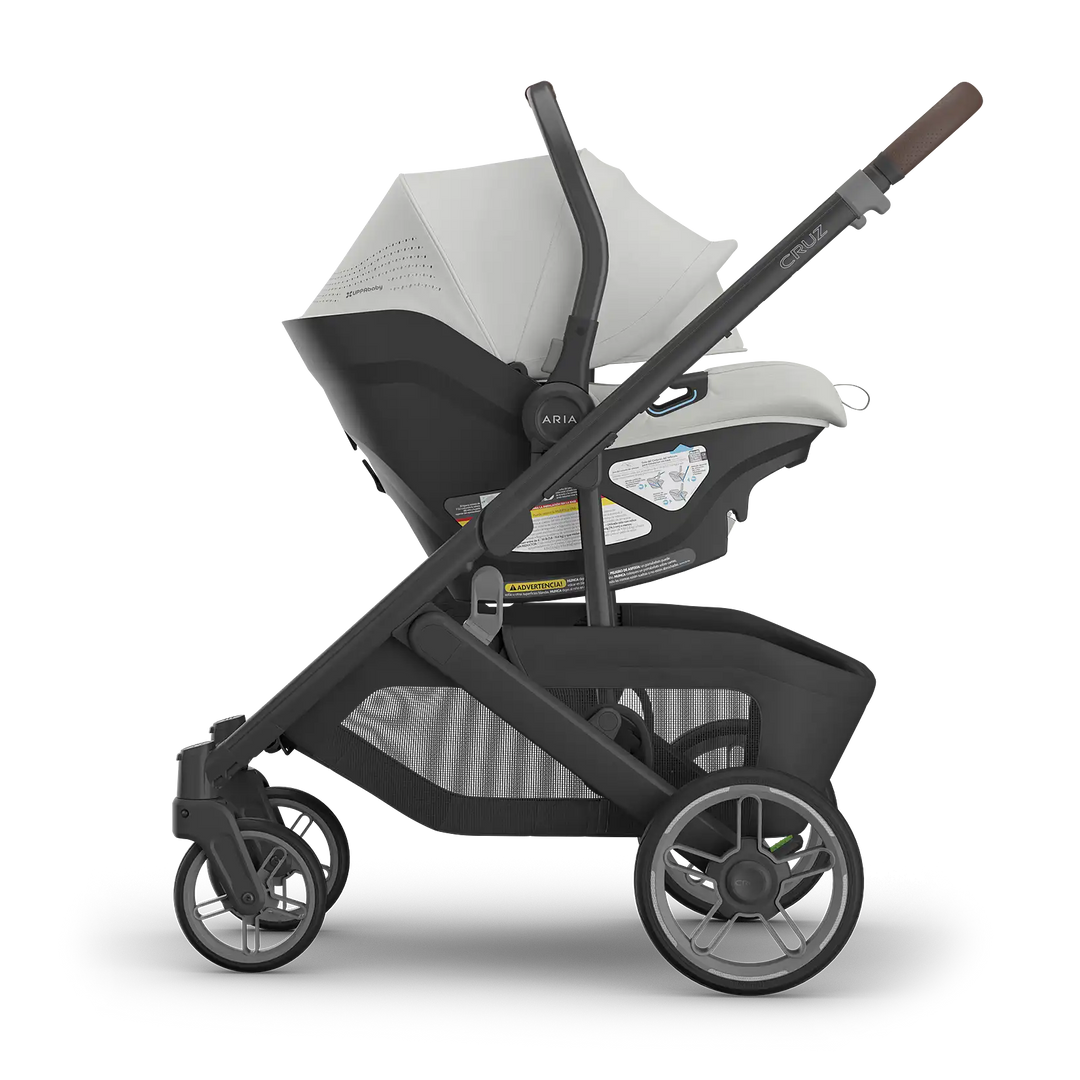 UPPAbaby Cruz V3 Savannah with Aria V2 Savannah side — best pearl gray compact stroller and car seat bundle