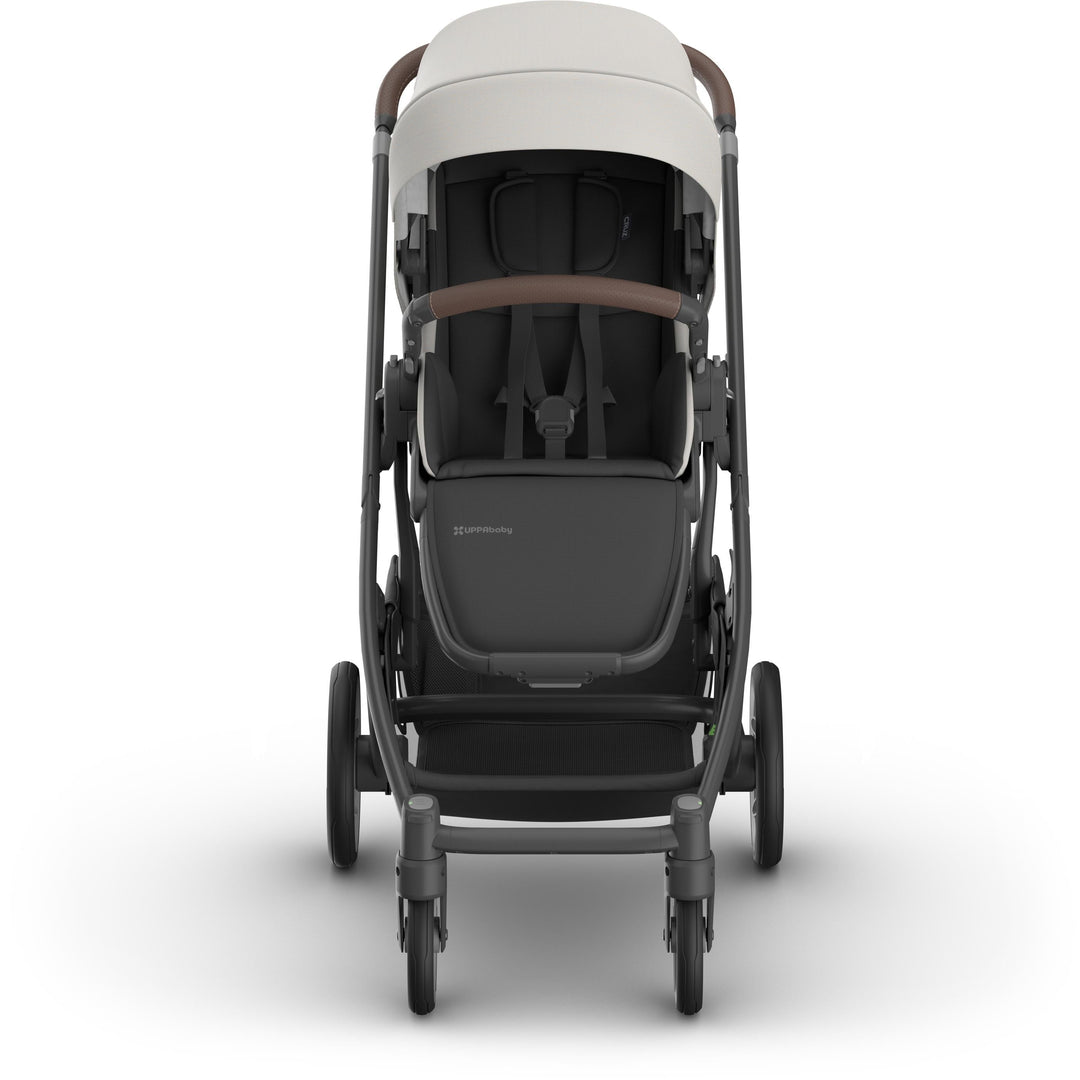 Front view of Uppababy Cruz V3 Stroller in Savannah, stylish infant stroller built for comfort and performance