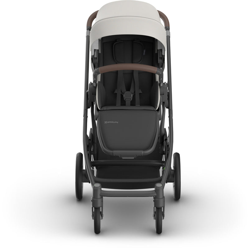 Front view of Uppababy Cruz V3 Stroller in Savannah, stylish infant stroller built for comfort and performance