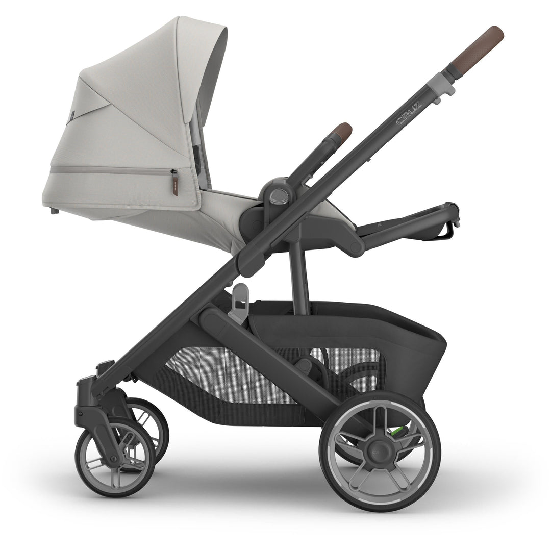Reclined seat setup on uppababy Cruz V3 Stroller Savannah, showcasing stroller from newborn to toddler versatility