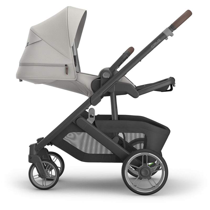 Reclined seat setup on uppababy Cruz V3 Stroller Savannah, showcasing stroller from newborn to toddler versatility