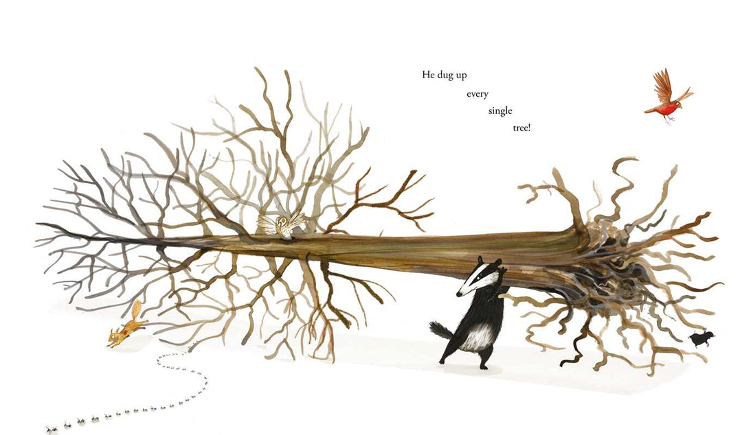 Tidy hardcover spread showing a bare tree and Pete the badger, a Simon & Schuster book for kids