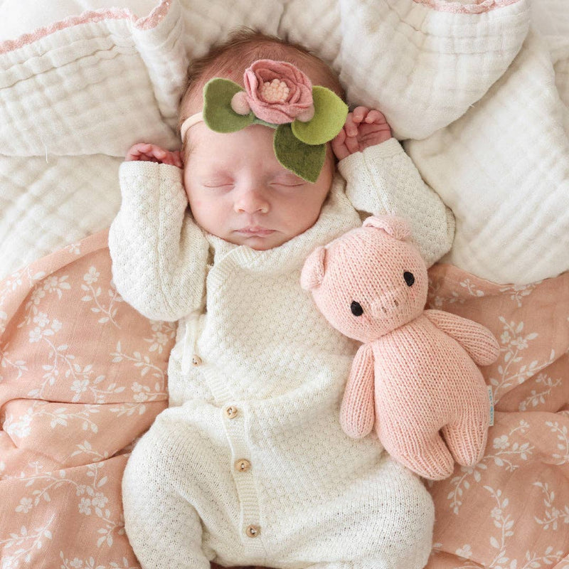 infant baby with cuddle and kind pink baby piglet stuffed toy in bed
