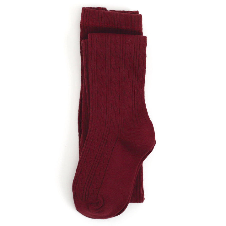 Little Stocking Co. Burgundy Cable Knit Tights shown folded, a ribbed knit tights for baby girl