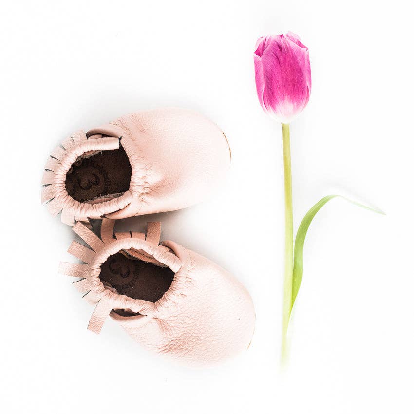 Starry Knight Design Rose Blush Leather Moccs, soft sole baby shoes handmade in Montana
